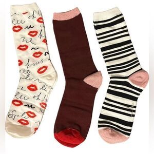 kate spade 3pk White Kisses Burgundy Pink Metallic Black White Stripe Socks
